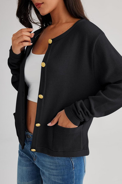Casual Daily Solid Color Pocket Buttons O Neck Outerwear (3 Colors)