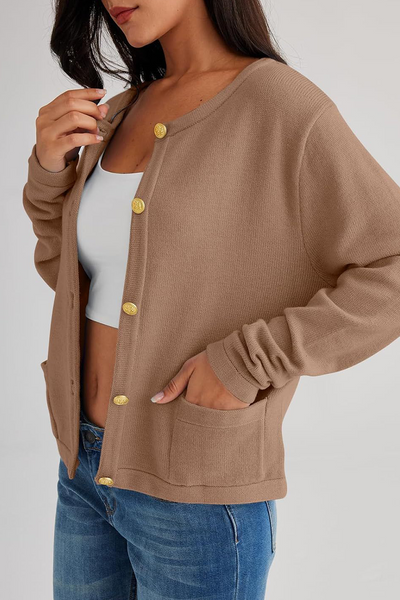 Casual Daily Solid Color Pocket Buttons O Neck Outerwear (3 Colors)