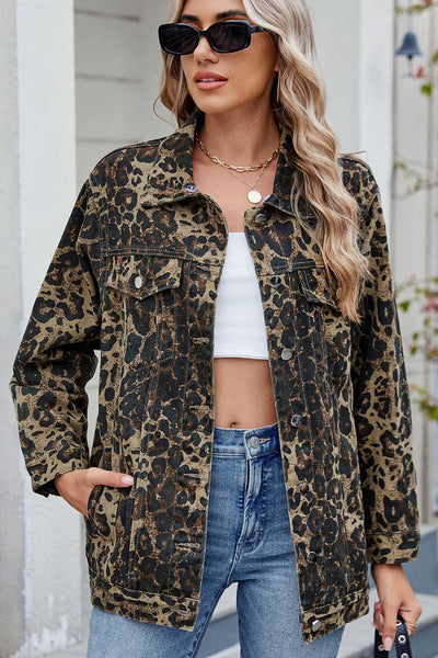 Washed Leopard Print Denim Jacket