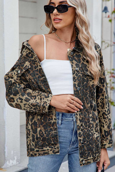 Washed Leopard Print Denim Jacket