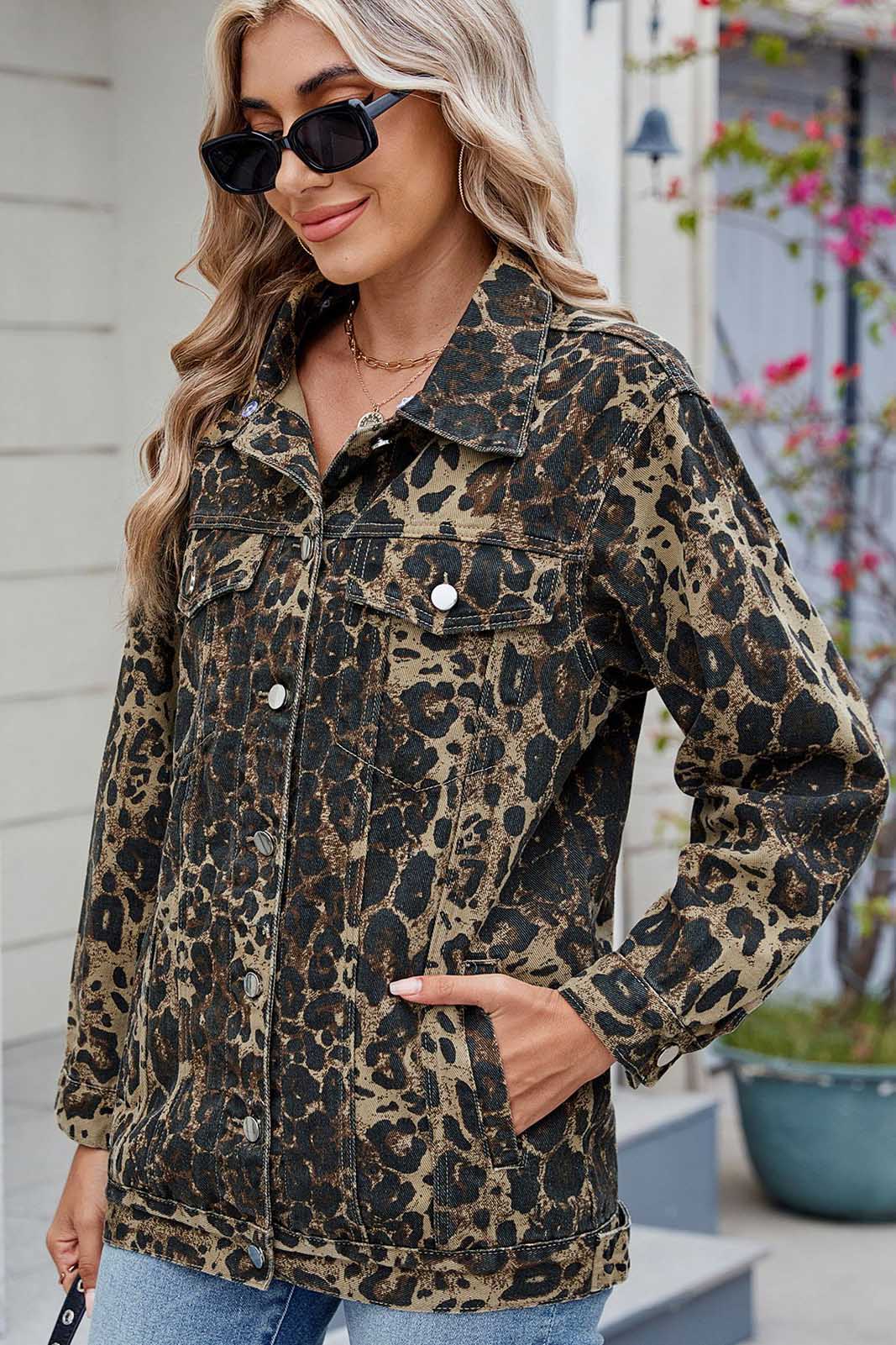 Washed Leopard Print Denim Jacket