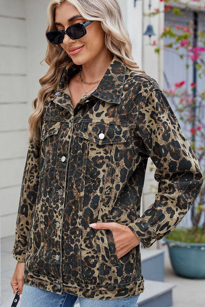 Washed Leopard Print Denim Jacket