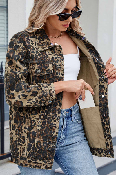 Washed Leopard Print Denim Jacket